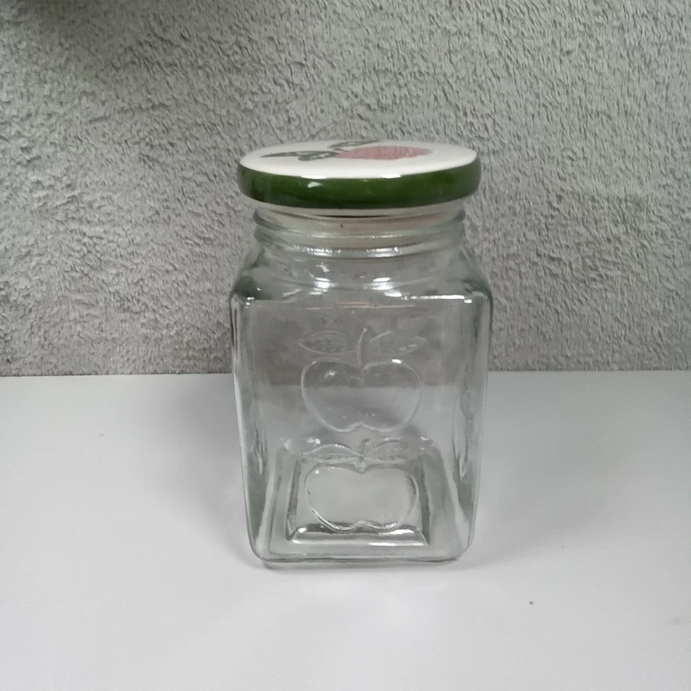 Vintage Style Square Glass Apple Canister Jar with Pink Ceramic Lid 7 Inch‎